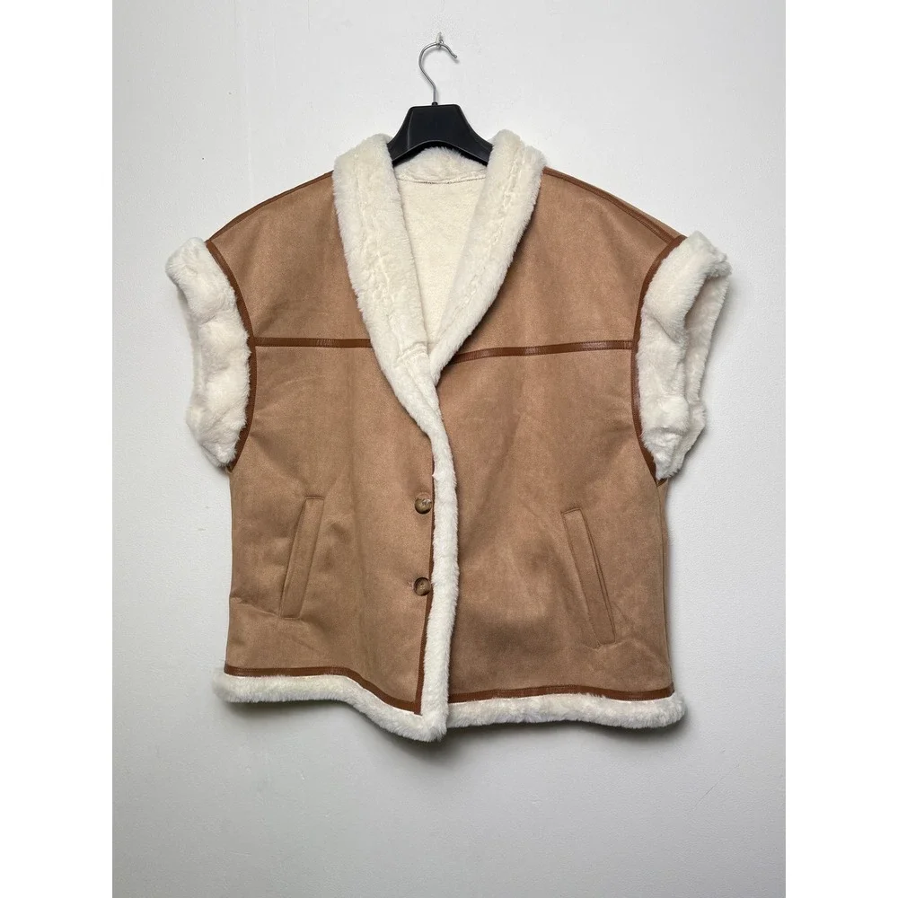 Womens Faux Suede Sherpa Lined‎ Vest Khaki Tan Button Front Pockets Size XXL